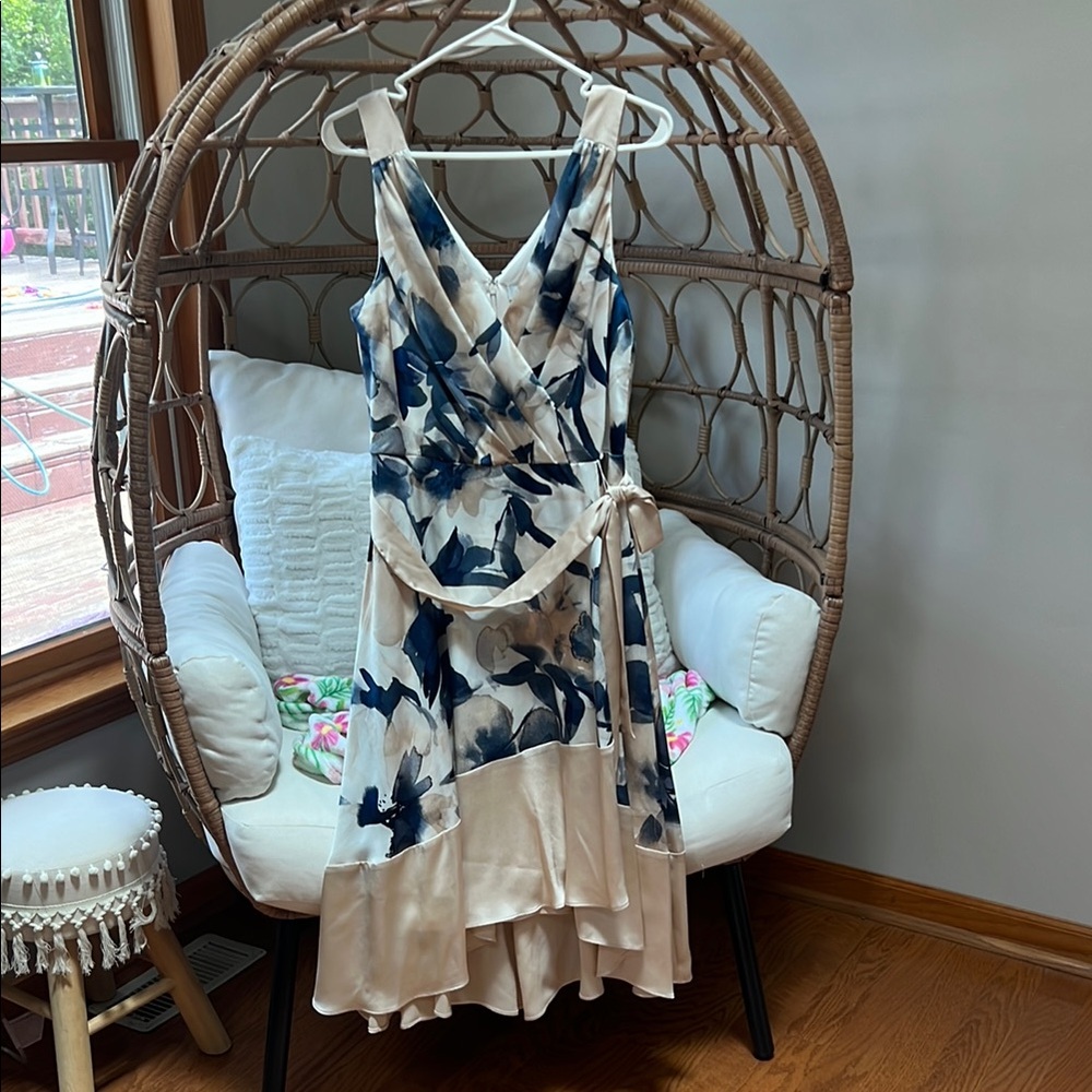 DKNY High Low Floral Dress in Blue and Cream